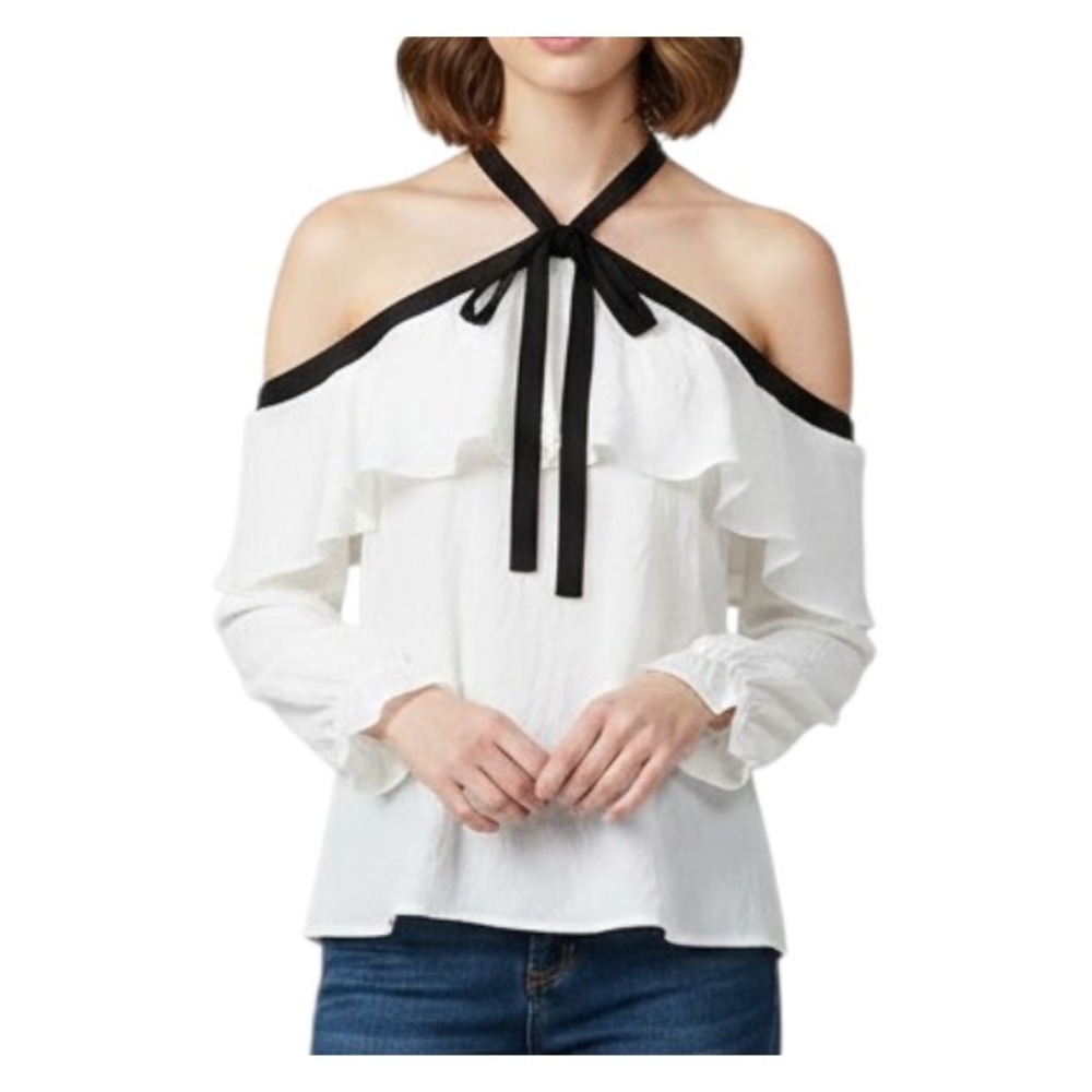 NWT ENTRO White CREPE Halter Neck OFF-THE-SHOULDER Ruffle Tie Bow BLOUSE/TOP L